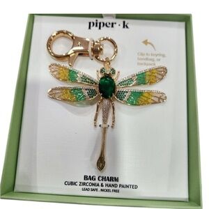 Piper K Viral  Gold and Green Cubuc Zirconia Hand Painted Dragonfly Bag Charm